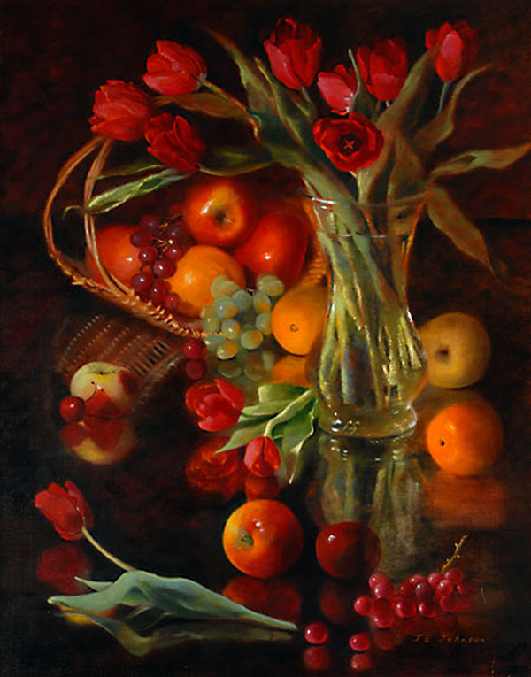 Red Tulips and a Basket of Fruit