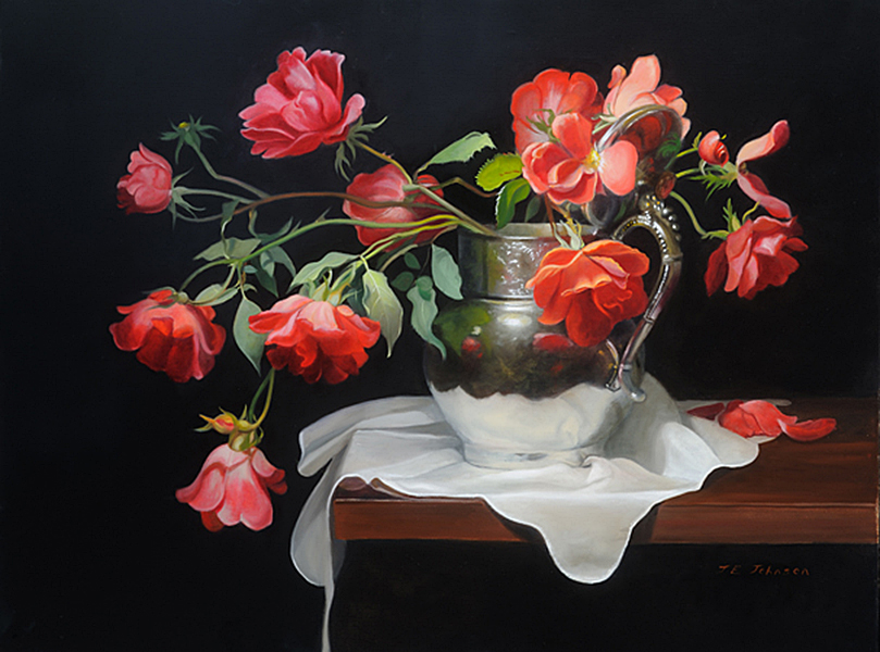 Red Roses in a Silver Pot